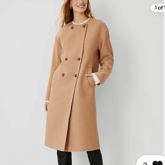 Ann Taylor Camel Crew Neck Coat wool blend double breasted peacoat MP - Picture 2 of 10